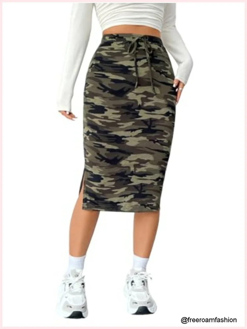 Women's High Waist Camo Print Pencil Skirt Drawstring Tie Side Split